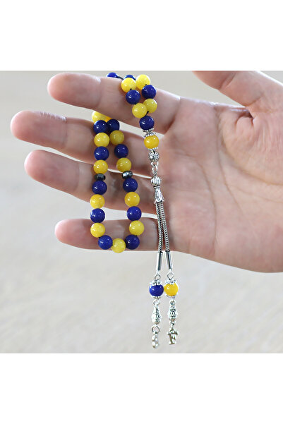 Tesbihane Kararmaz Metal Kişiye Özel Harf Püsküllü Küre Kesim Sarı Lacivert Jade Doğaltaş Taraftar Tesbih