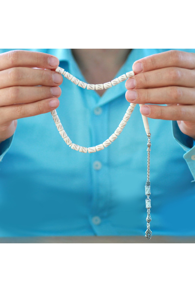 Tesbihane 925 Ayar Gümüş Püsküllü Kapsül Kesim Pirinç İşlemeli Deve Kemiği Tesbih