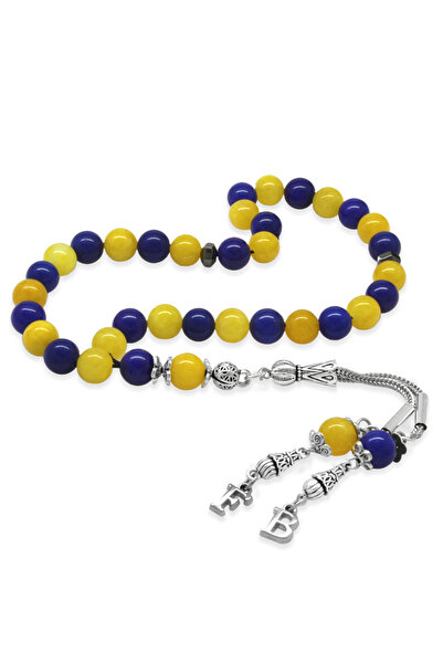 Tesbihane Kararmaz Metal Kişiye Özel Harf Püsküllü Küre Kesim Sarı Lacivert Jade Doğaltaş Taraftar Tesbih