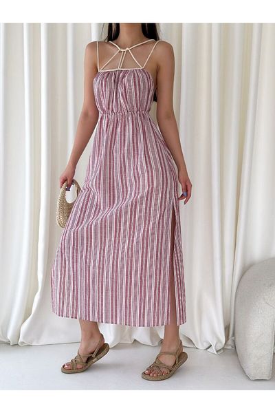 Stil Sepeti Women's Red Striped Strap Collar Rope Detail Elastic Waist Midi Linen Dress Tll-10047020