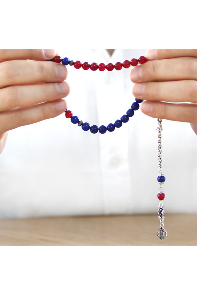 Tesbihane Tarnish-Free Metal Albanian Chain Tassel Sphere Cut Claret Blue Jade Natural Stone Fan Prayer Beads M2