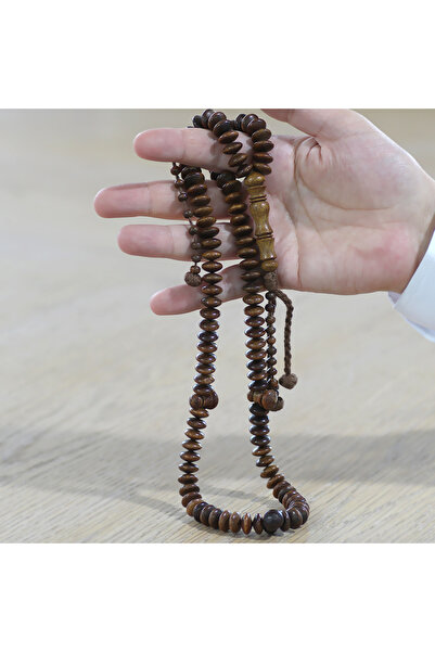 Tesbihane مسبحة خشبية من خشب الكومارو ذات 99 حبة باللون البني الداكن مع نظام قطع العجلات