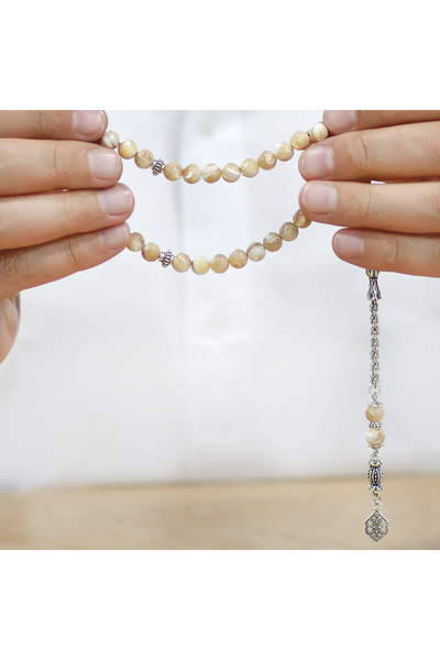 Tesbihane Non-Tarnish Metal Albanian Chain Tassel Sphere Cut Yellow Natural Stone Prayer Beads