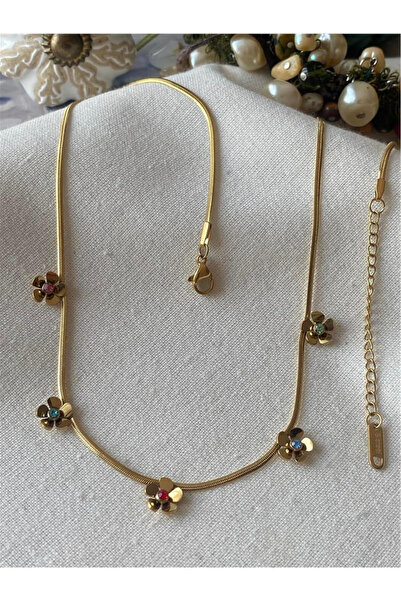 Okyanus Butik Çelik Renkli Taş Detaylı Çiçek Kolye