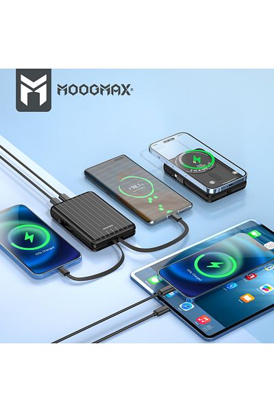 MOOGMAX Trunk 10000mAh Magnetic Power Bank with 22.5W Fast Charging and 2 Built-in Cables, Supports 15W Wireless Charging.