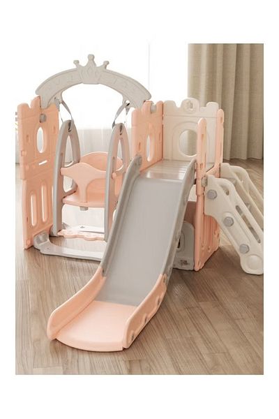 FULLJOY L-Shaped Tower Slide & Swing 145 + Ball & Basketball Frame + A-Shaped Crown (Closed)