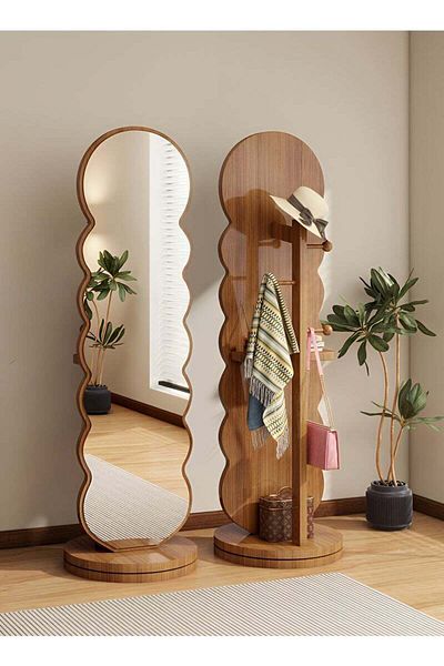 Taimi Wavy Swivel Mirror with Clothes Hanger and Storage Shelf for Living Room Wood Color 166x46cm
