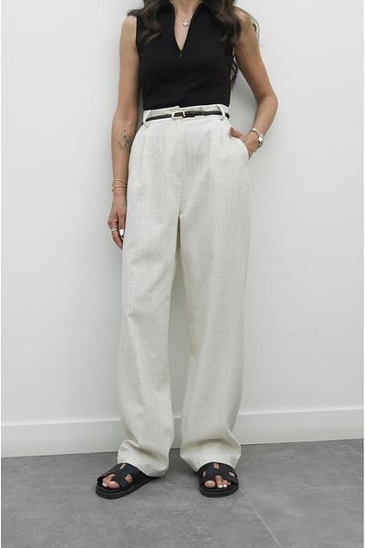 Havoş Natural Knitted Belted Linen Trousers