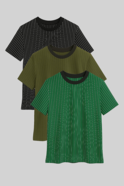FATELLA Men's Striped Short Sleeve Crew Neck 3-Piece T-Shirt Black Khaki Green