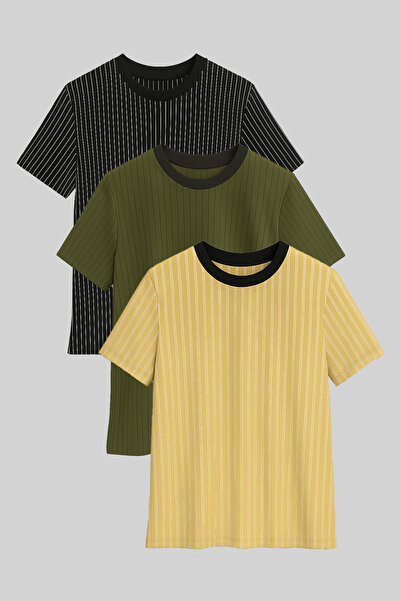 FATELLA Men's Striped Crew Neck 3-Piece Short Sleeve T-Shirt Black Khaki Beige