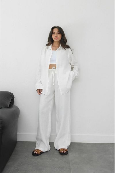 Havoş White Elastic 100% Linen Trousers