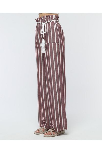Stil Sepeti Women's Burgundy Striped High Waist Knitted Belt Double Pocket Linen Trousers Tll-100723010