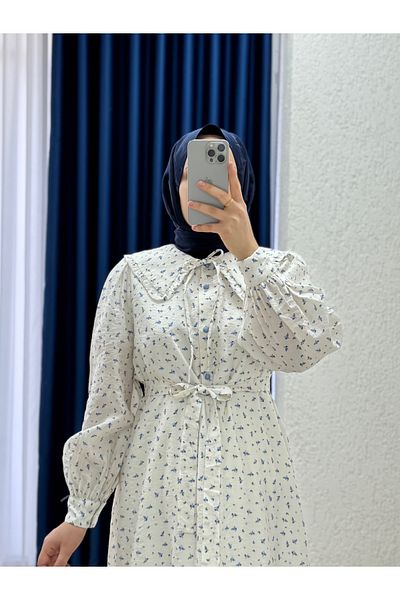 MİHRA STORE Rochie Orelesya Mini Floral Baby Guler Jumătate Placat-AY8647 Albastru