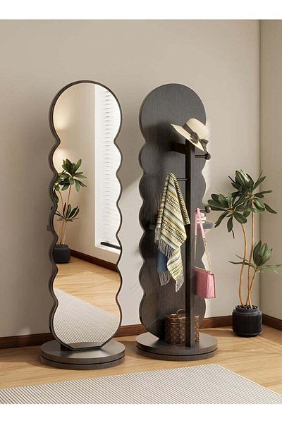 Taimi Wavy Swivel Mirror with Clothes Hanger and Storage Shelf for Bedroom and Living Room Grey 166x46cm
