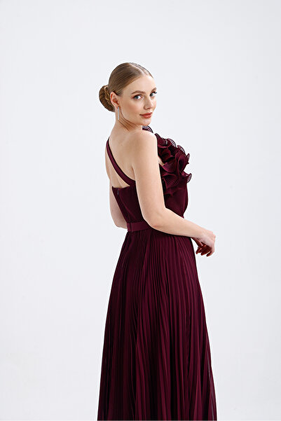 Atelier Pret 𝐄𝐋𝐈𝐒𝐀 Fırfır Yakalı İnce Pliseli Şifon Uzun Abiye