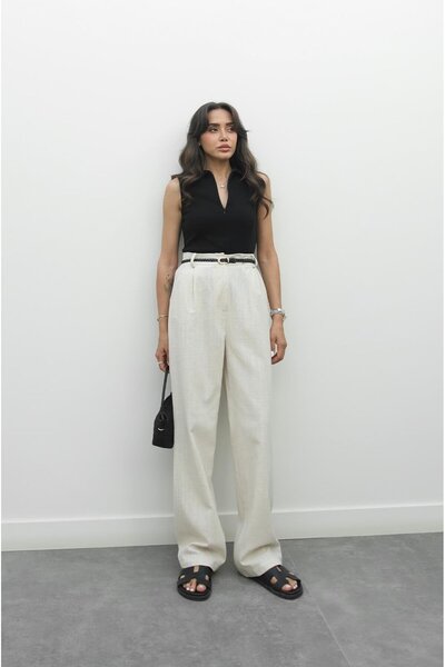 Havoş Natural Knitted Belted Linen Trousers