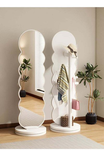 Taimi Wavy Swivel Mirror with Clothes Hanger and Storage Shelf for Bedroom and Living Room White 166x46cm