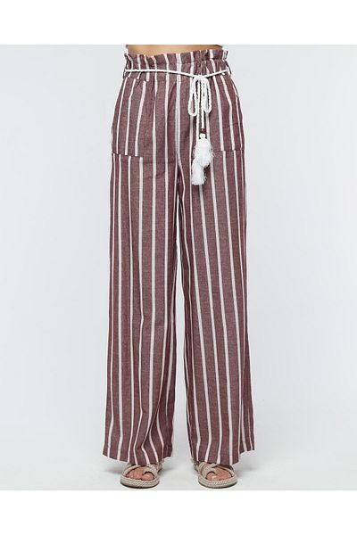 Stil Sepeti Women's Burgundy Striped High Waist Knitted Belt Double Pocket Linen Trousers Tll-100723010
