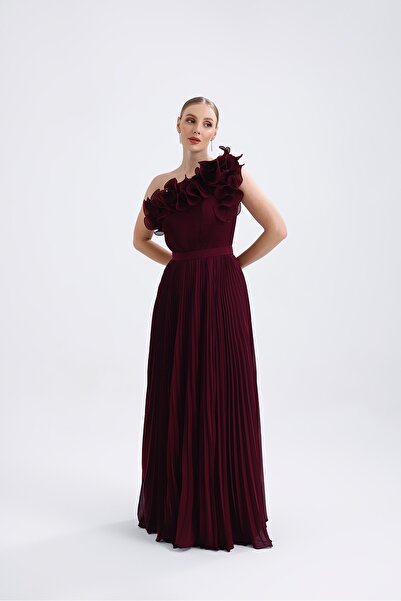 Atelier Pret 𝐄𝐋𝐈𝐒𝐀 Fırfır Yakalı İnce Pliseli Şifon Uzun Abiye