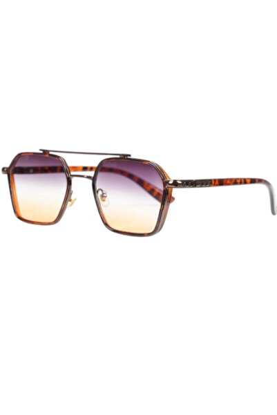 Merand Leopard Patterned Cornered Unisex Sunglasses – Stylish Model with Gold Detail