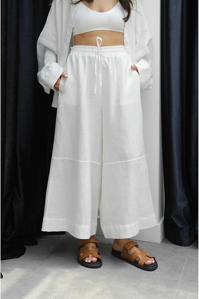 Havoş White Stitching Detailed 100% Linen Trousers