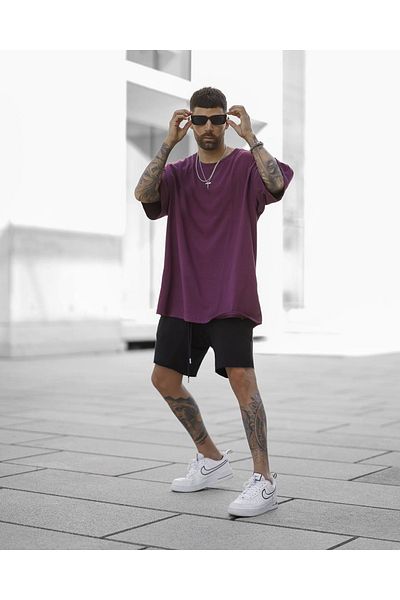 DEEPSENSE Men's Purple T-Shirt Black Combed Cotton Unprinted Short Suit