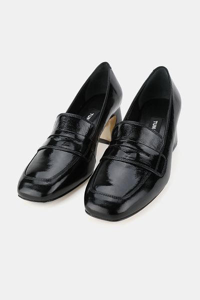 TUNAELLİ Women's Black Patent Leather Genuine Leather 35-41 Number Medium Heel Loafer Shoes