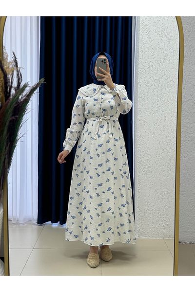 MİHRA STORE Oreledra Baby Collar Elastic Waist Floral Dress-Ay8650 Blue