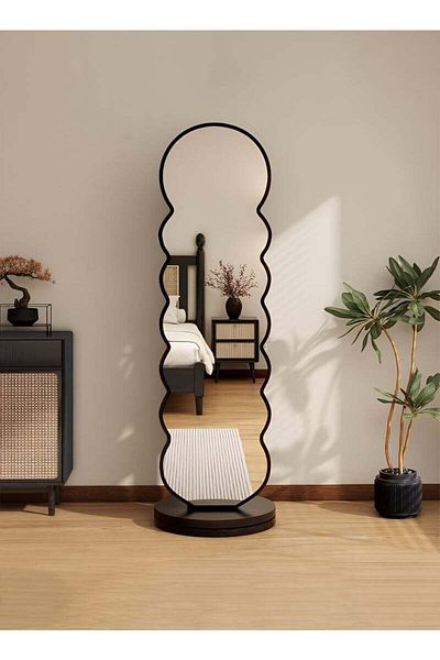Taimi Wavy Swivel Mirror with Clothes Hanger and Storage Shelf for Bedroom Living Room Black 166x46cm