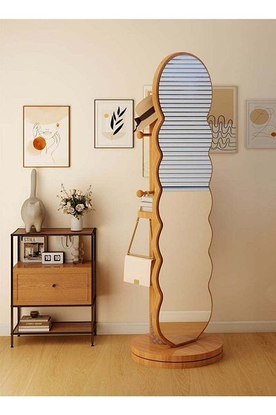 Taimi Wavy Swivel Mirror with Clothes Hanger and Storage Shelf for Living Room Wood Color 166x46cm