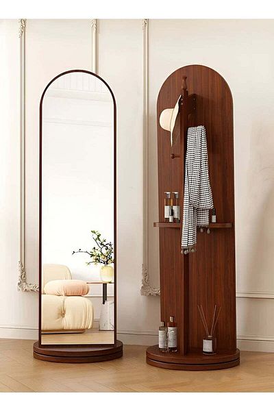 Taimi Arched Mirror with Clothes Hanger Storage Shelf for Bedroom and Living Room Walnut Color 166x46cm