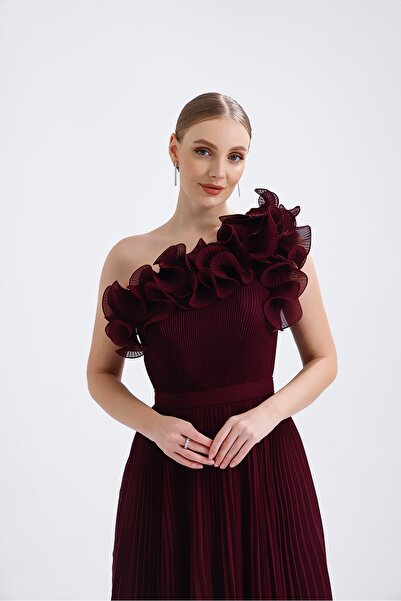 Atelier Pret 𝐄𝐋𝐈𝐒𝐀 Fırfır Yakalı İnce Pliseli Şifon Uzun Abiye