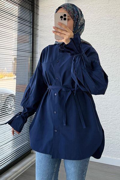 MELEK ARAZ Oversize Cut Ankle Detailed Poplin Tunic - Navy Blue