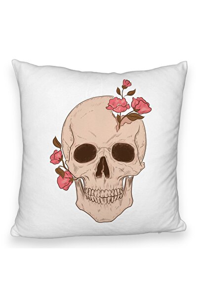 BEKZ Μαξιλαροθήκη Fluffy, με σχέδιο κρανίο-τριαντάφυλλο, 40x40 εκ., Λευκό, αφ...