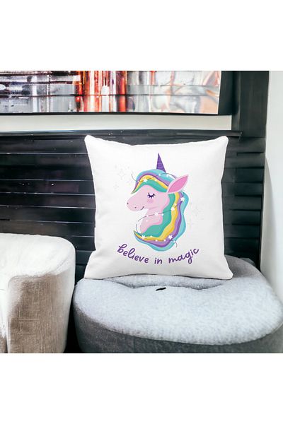 BEKZ Perna Decorativa Patrata Unicorns Believe in Magic, 40x40 cm, Alba, Mata, Husa Detasabila, Burduf