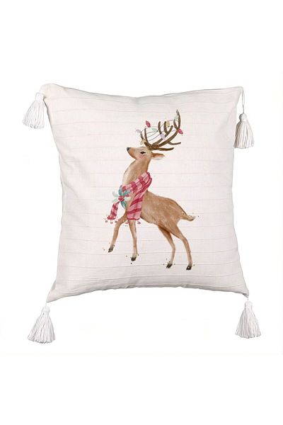 BEKZ Christmas Fringed Pillowcase with Reindeer, 2, 45x45 cm, Ecru, With zipper