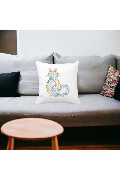 BEKZ Perna Decorativa Pisica cu Flori, Multicolor, 40x40 cm, Alba, Mata, Husa Detasabila, Burduf