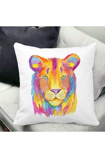 BEKZ Perna Decorativa, Colorful Lion, 40x40 cm, Alba, Mata, Husa Detasabila, Burduf