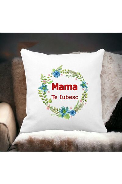 BEKZ Perna Decorativa Patrata Pentru Mama Te iubesc 2,40x40 cm, Alba, Mata, Husa Detasabila, Burduf