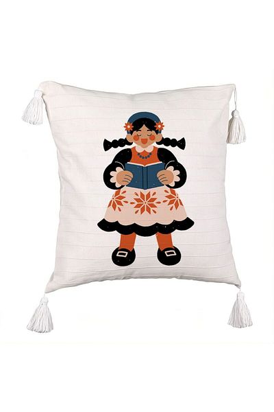 BEKZ Fringed Pillowcase, Folk Pattern, 45x45 cm, Ecru, With Zipper