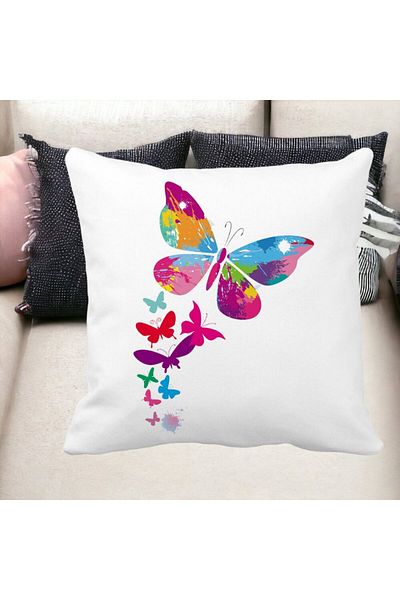 BEKZ Perna Decorativa Patrata Fluture Colorful, 40x40 cm, Alba, Mata, Husa Detasabila, Burduf