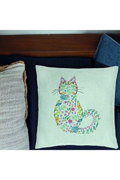 BEKZ Față de pernă, model pisică cu flori, multicolor, 40x40 cm, verde mentă