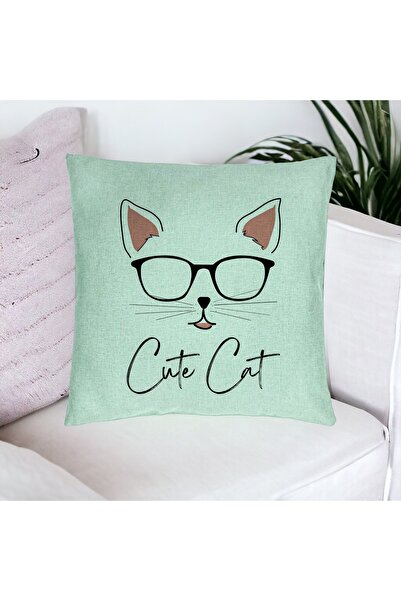BEKZ Perna Decorativa, Model Cute Cat, 40x40 cm, Verde Menta, Husa Detasabila...