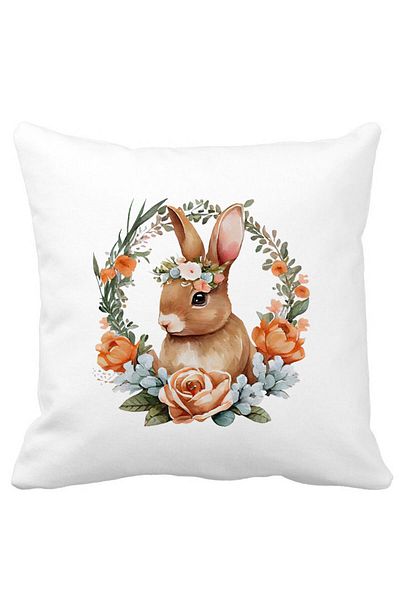 BEKZ Square Pillowcase Bunny With Floral Crown, 40x40 Cm, White, Matte