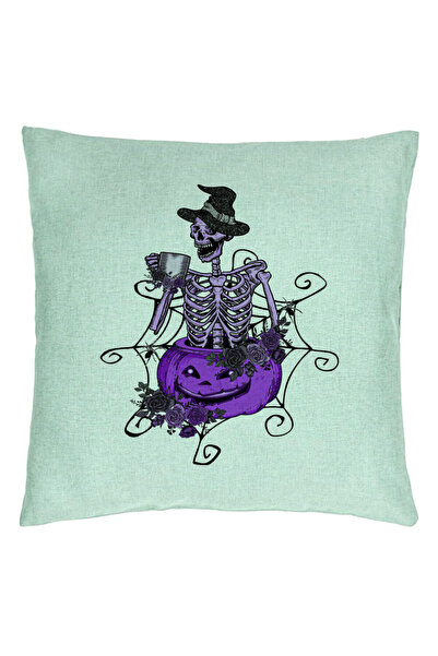 BEKZ Față de pernă cu motiv de schelet de Halloween, 40x40 cm, verde mentă