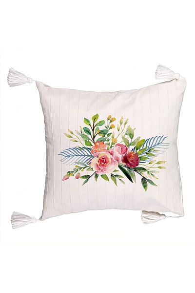 BEKZ Fringed Pillowcase, Summer Floral Pattern, 45x45 cm, Ecru, With Zipper