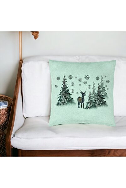 BEKZ Christmas Pillowcase, Landscape With Trees And Deer, 40x40 Cm, Mint Green