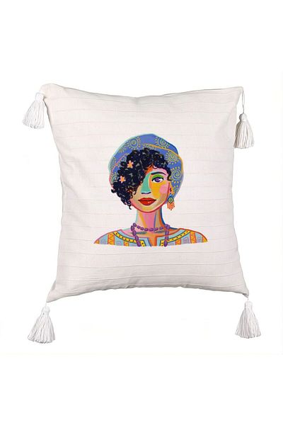 BEKZ Fringed Pillowcase, Colorful Fashion Pattern, 45x45 cm, Ecru, With zipper