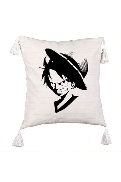 BEKZ Decorative Pillow with Fringes with One piece Luffy Black, 45x45 cm, Ecru, With zipper