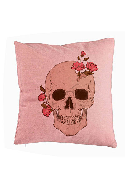 BEKZ Față de pernă, model artistic cu craniu și trandafir, 40x40 cm, roz